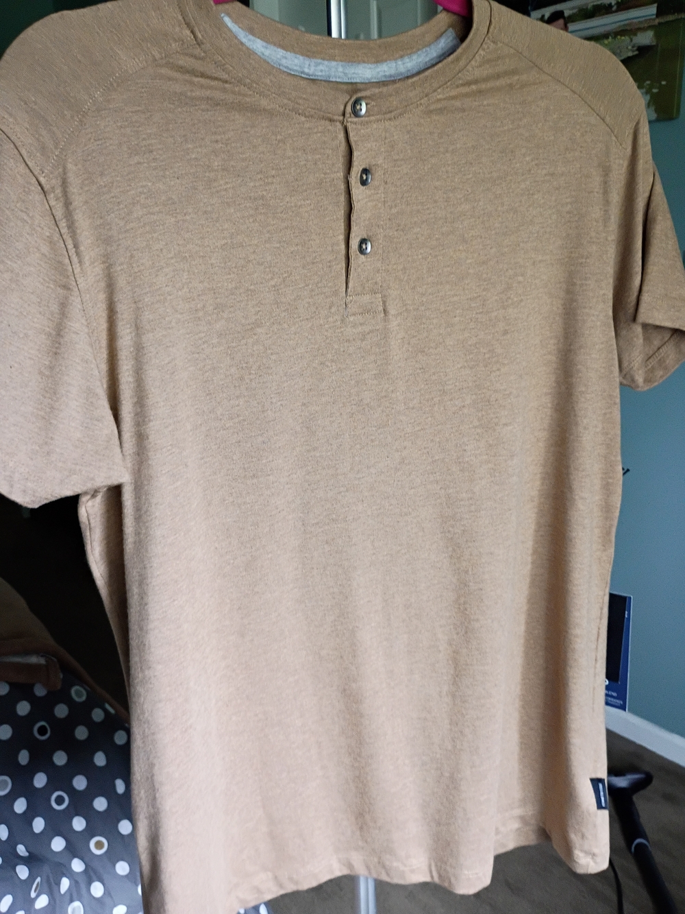 Men's New  Tan Henley Short Sleeve Shirt